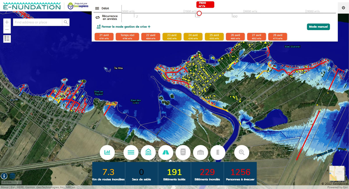 Interface principale d’E-NUNDATION, solution de Geosapiens pour la gestion opérationnelle des inondations © Geosapiens