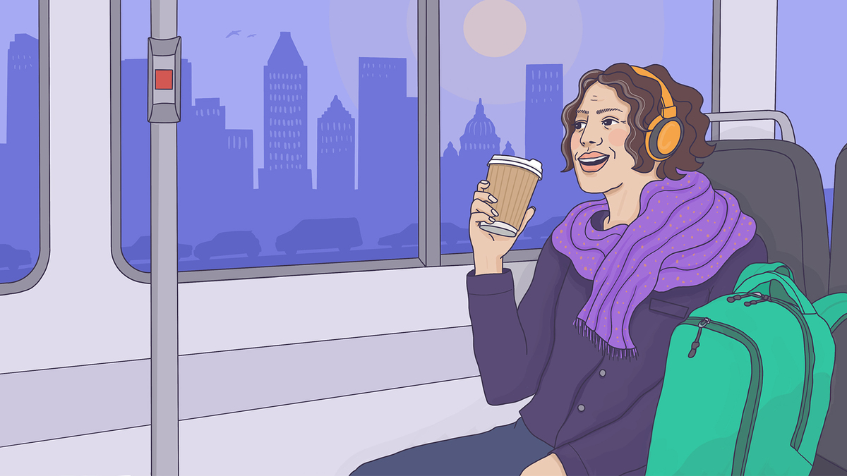 Illustration femme buvant son café dans les transports en commun
