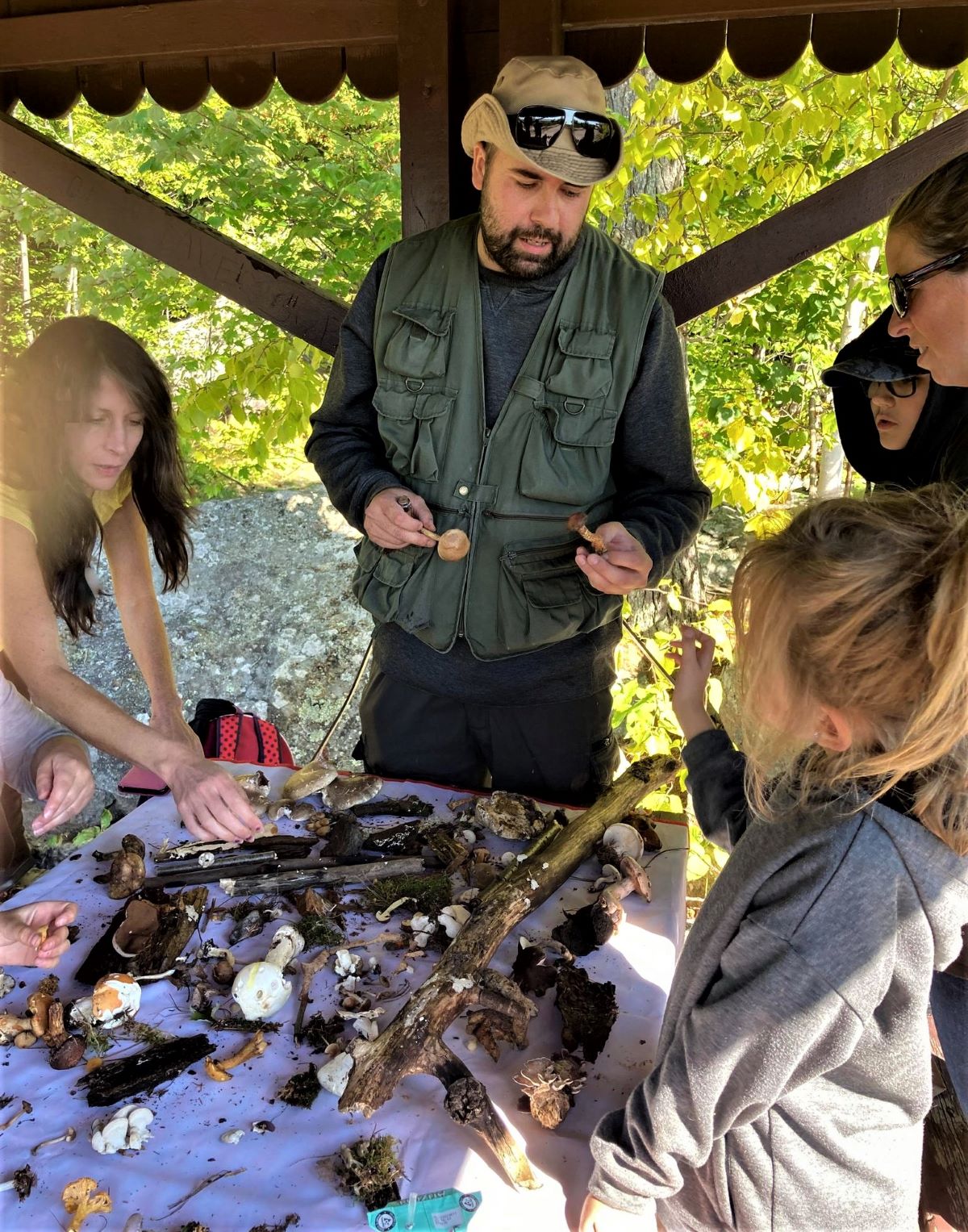 En forêt, prendre une pause afin de sensibiliser les visiteuses et les visiteurs aux milieux qu’ils découvrent et apprendre à identifier les champignons